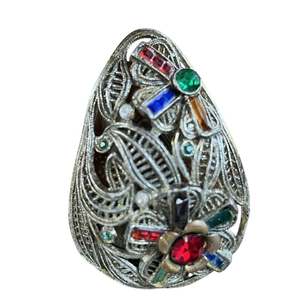 Antique 1930’s Multi-Color Glass Rhinestone Large Tear Drop Fur Dress‎ Clip